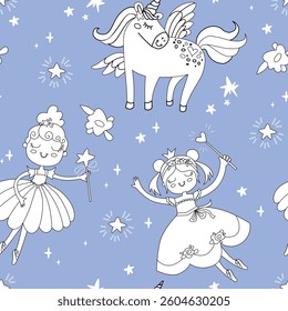 Seamless vector pattern with little princess and unicorn in childrens style. Cute girls and stars on blue background.