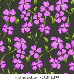 Patrón vectorial sin foco con flores moradas y ramas verdes. Buena impresión para papel de pared, textiles, papel de envoltura, azulejos de cerámica
