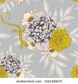 
Seamless vector pattern with lizard, peony and lace leaves. Elegant bouquet with a lush flower. Floral background for surface decor