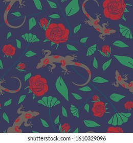 Seamless vector pattern with lizard and roses on blue background. Wallpaper design with  gecko and flowers. Animal love fashion textile.