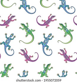 Seamless vector pattern of lizards. Background for greeting card, website, printing on fabric, gift wrap, postcard and wallpapers. 