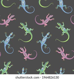 Seamless vector pattern of lizards. Background for greeting card, website, printing on fabric, gift wrap, postcard and wallpapers. 