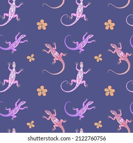 Seamless vector pattern of lizards and flowers. Background for greeting card, website, printing on fabric, gift wrap, postcard and wallpapers. 