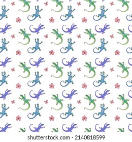 Seamless vector pattern of lizards and flowers. Background for greeting card, website, printing on fabric, gift wrap, postcard and wallpapers. 