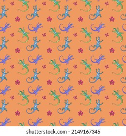 Seamless vector pattern of lizards and flowers. Background for greeting card, website, printing on fabric, gift wrap, postcard and wallpapers. 