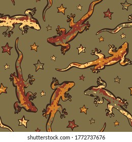 Seamless vector pattern with lizards and stars on brown background. Wildlife African wallpaper design. Fun gecko fashion textile.