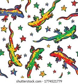 Seamless vector pattern with lizards and stars on white background. Cute wallpaper design with colourful geckos. Animal fashion textile.