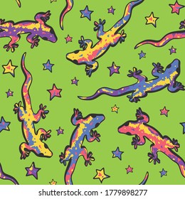 Seamless vector pattern with lizards and stars on green background. Cute animal wallpaper design for children. Fun gecko fashion textile.