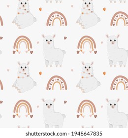 Seamless vector pattern with llama (alpaca), hearts and rainbows. Baby background for wrapping paper,  greeting cards, design.