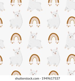 Seamless vector pattern with llama (alpaca) and rainbow. Trendy baby texture for fabric, wallpaper, apparel, wrapping