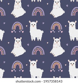 Seamless vector pattern with llama (alpaca), hearts and rainbows. Baby background for wrapping paper,  greeting cards, design.