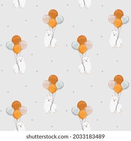 Seamless vector pattern with llama (alpaca) and balloons. Trendy baby texture for fabric, wallpaper, apparel, wrapping. Boho background for nursery
