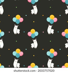 Seamless vector pattern with llama (alpaca) and balloons. Trendy baby texture for fabric, wallpaper, apparel, wrapping. Background for nursery. Happy Birthday