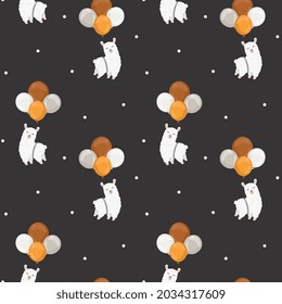 Seamless vector pattern with llama (alpaca) and balloons. Trendy baby texture for fabric, wallpaper, apparel, wrapping. Boho background for nursery