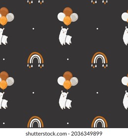 Seamless vector pattern with llama (alpaca), rainbow, and balloons. Trendy baby texture for fabric, wallpaper, apparel, wrapping. Boho background for nursery