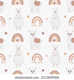 Seamless vector pattern with llama (alpaca), hearts and rainbows. Baby background for wrapping paper, greeting cards, design.