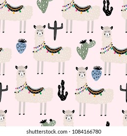 Seamless vector pattern with llama, cactus.