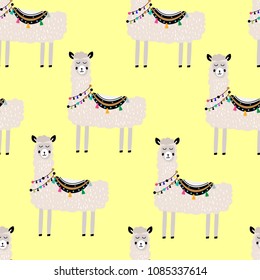 Seamless vector pattern with llama on yellow background.