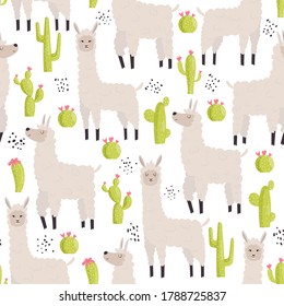 Seamless vector pattern with llamas and alpaca and cactus with blooms. Illustration for children textile design. 
