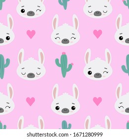 Seamless vector pattern with llamas, cacti and hearts. Cute emotional alpacas on a pink background. For printing on fabric, wallpaper, children's products.
