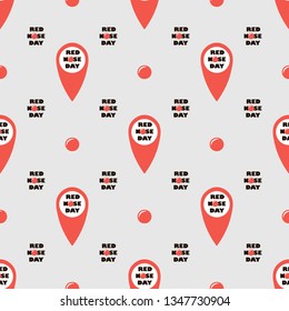 Seamless vector pattern location point with text. Red nose day.