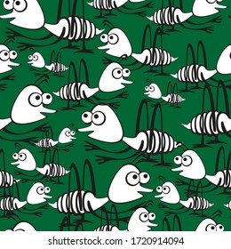Seamless vector pattern of locusts on a green background. Big and small.