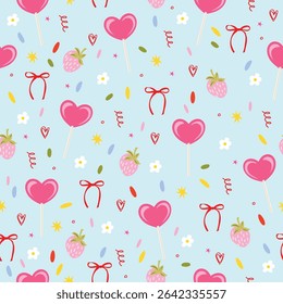 Seamless vector pattern with lollipop, strawberry, bow, confetti and flower. Pastel blue, cute girly food background.