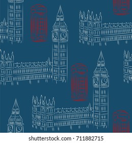 Seamless vector pattern. London landmarks silhouettes pattern on the blue background.