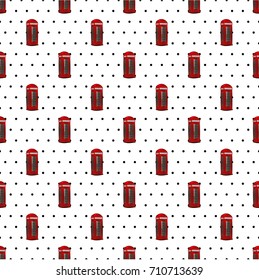Seamless vector pattern. London phone red booth pattern on the polka dotted black and white background.