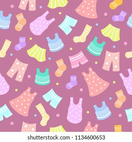 Seamless vector pattern with lots of colorful clothes and spots around. Cute bright wrapping with dresses, trousers, socks and skirts on a violet background. Summer illustration.