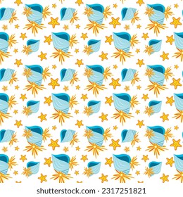 Seamless vector pattern of lots of intricately drawn pearl shells and adorable sea stars in cartoon style on white background. Stylish fashion design summer beach. Kids fabric. 