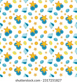 Seamless vector pattern of lots of intricately drawn pearl shells and adorable sea stars in cartoon style on white background. Stylish fashion design summer beach. Kids fabric. 