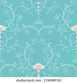 Seamless vector pattern with lotus flower on light blue background. Beautiful calm floral wallpaper design with lily. Relaxing meditation zen fabric texture.
