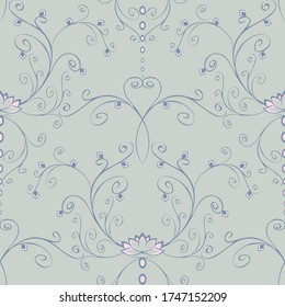 Seamless vector pattern with lotus flower on blue background. Beautiful calm floral wallpaper design. Curved lines fabric fashion texture.