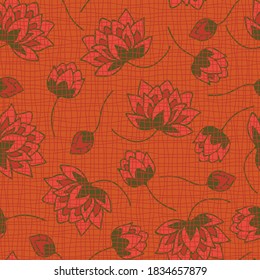 Seamless vector pattern with lotus flower on orange background. Textured floral wallpaper design. Pink flower fashion textile.
