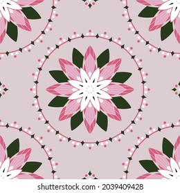 Patrón vectorial sin foco con círculo floral de loto sobre fondo rosado. Sencillo diseño de papel pintado con motivos florales. Leche de agua decorativa para la moda textil.