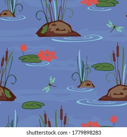 Seamless vector pattern with lotus flowers and dragonfly's on blue background. Beautiful calm lake wallpaper design. Zen fashion fabric.