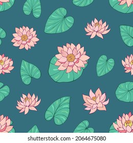 Seamless vector pattern of lotuses and water lilies. Decoration print for wrapping, wallpaper, fabric, textile.