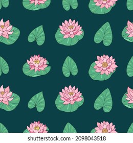 Seamless vector pattern of lotuses and water lilies. Decoration print for wrapping, wallpaper, fabric, textile.
