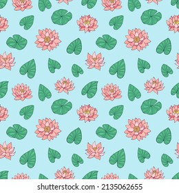 Seamless vector pattern of lotuses and water lilies. Decoration print for wrapping, wallpaper, fabric, textile.