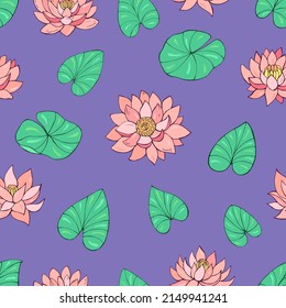 Seamless vector pattern of lotuses and water lilies. Decoration print for wrapping, wallpaper, fabric, textile.