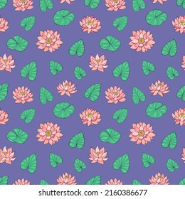 Seamless vector pattern of lotuses and water lilies. Decoration print for wrapping, wallpaper, fabric, textile.
