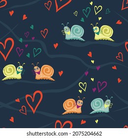 Seamless vector pattern of love. Adorable, stylish snails with hearts. Illustration for Valentine's Day, for a declaration of love, for a wedding. Suitable for covers, prints, banners and textiles