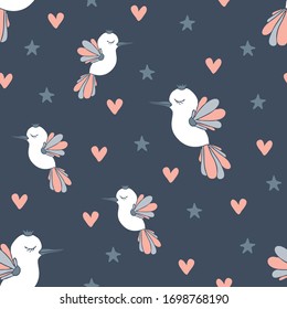 Seamless vector pattern with love birds and stars on blue background. Cute dreaming animal wallpaper design pastel colours.