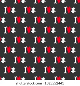 Seamless vector pattern with I love Christmas on a gray background, handmade, artistic. Surface, packaging, cards, wallpaper. New year art illustration.