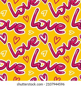 Seamless vector pattern - Love. Cute pattern with the word love and hearts. Seamless background for stationery, posters, postcards, notebooks, fabrics.