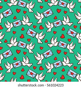 Seamless vector pattern with love doves, hearts, letters.