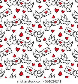 Seamless vector pattern with love doves, hearts, letters.
