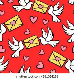 Seamless vector pattern with love doves, hearts, letters.