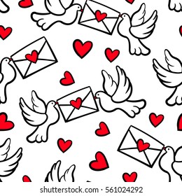 Seamless vector pattern with love doves, hearts, letters.